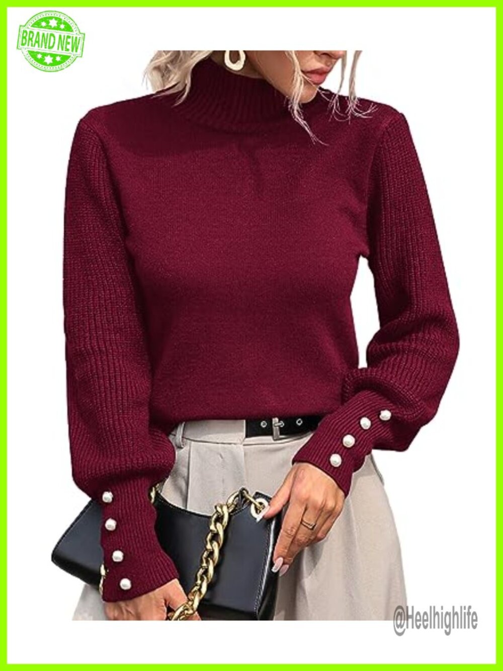 Mock Turtleneck Knitted Pullover Sweater Button Cuff Loose Fit